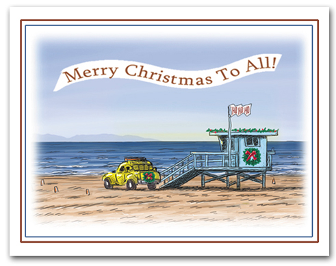 Lifeguard Tower on Beach HoHoHo Flag Wreath Merry Christmas To All Banner Larger