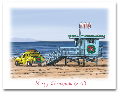 Lifeguard Tower on Beach HoHoHo Flag Wreath Merry Christmas To All Caption Larger