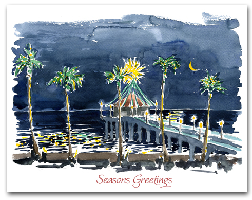 Manhattan Beach Pier Night Palm Trees Seasons Greetings Larger