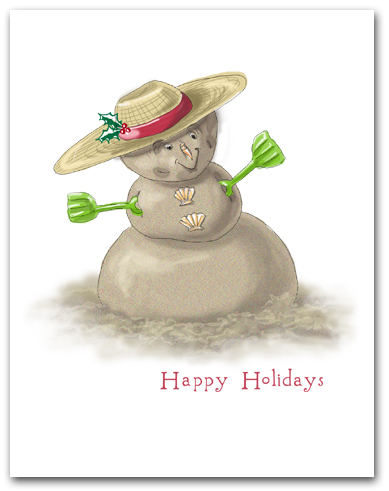Sand Snowman Beach Hat Green Shovel Arms Happy Holidays Larger